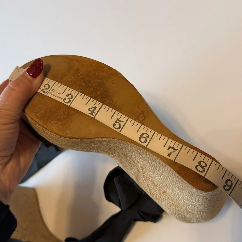 UGG Jules Black Wedge Sandal with ribbon ankle ties, open toe, size 8.5US